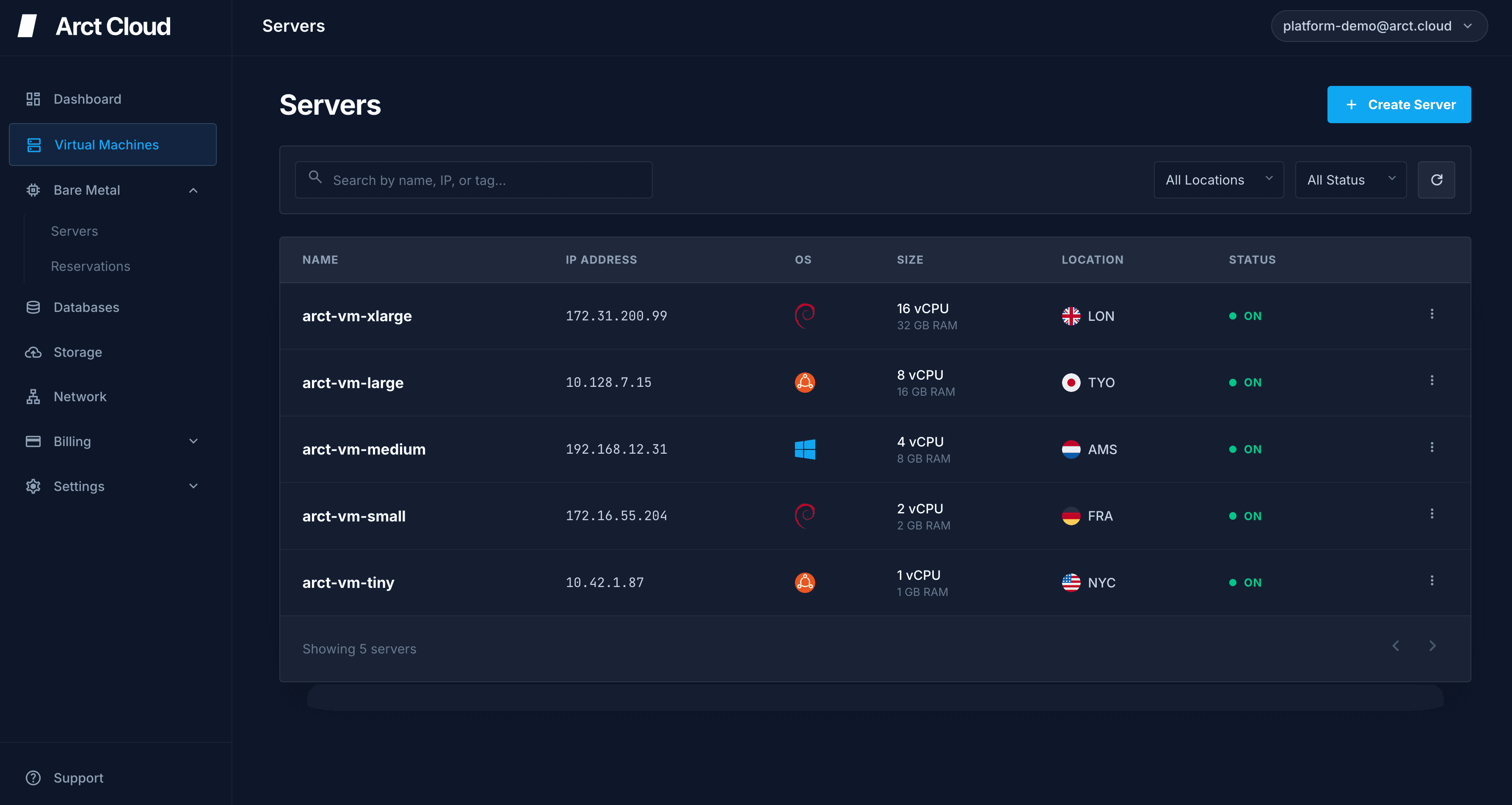 Arct Cloud dashboard — server management interface