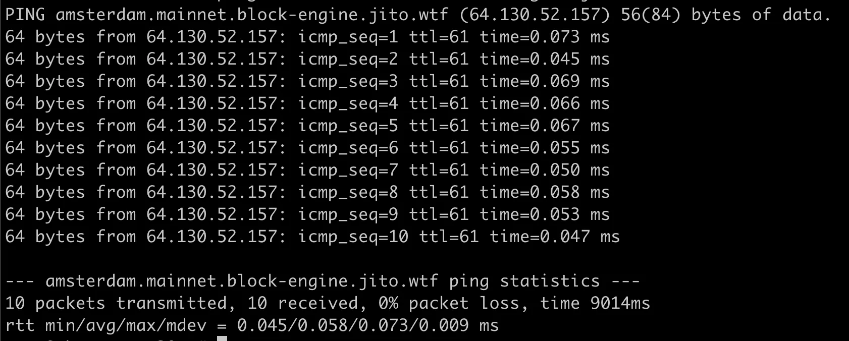 Ping from Arct Cloud Amsterdam to Jito's Amsterdam block engine, 0.058 ms average round trip time