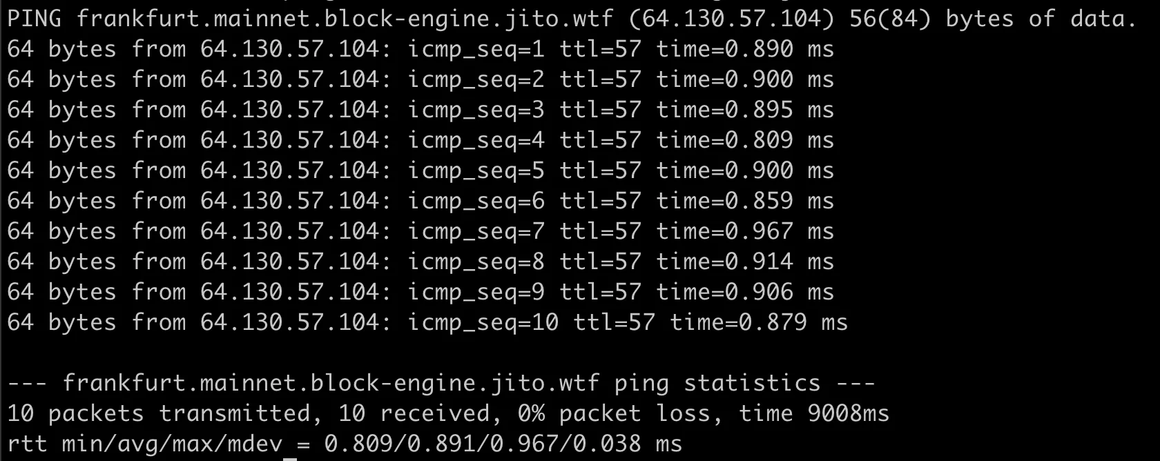 Ping from Arct Cloud Frankfurt to Jito's Frankfurt block engine, 0.891 ms average round trip time