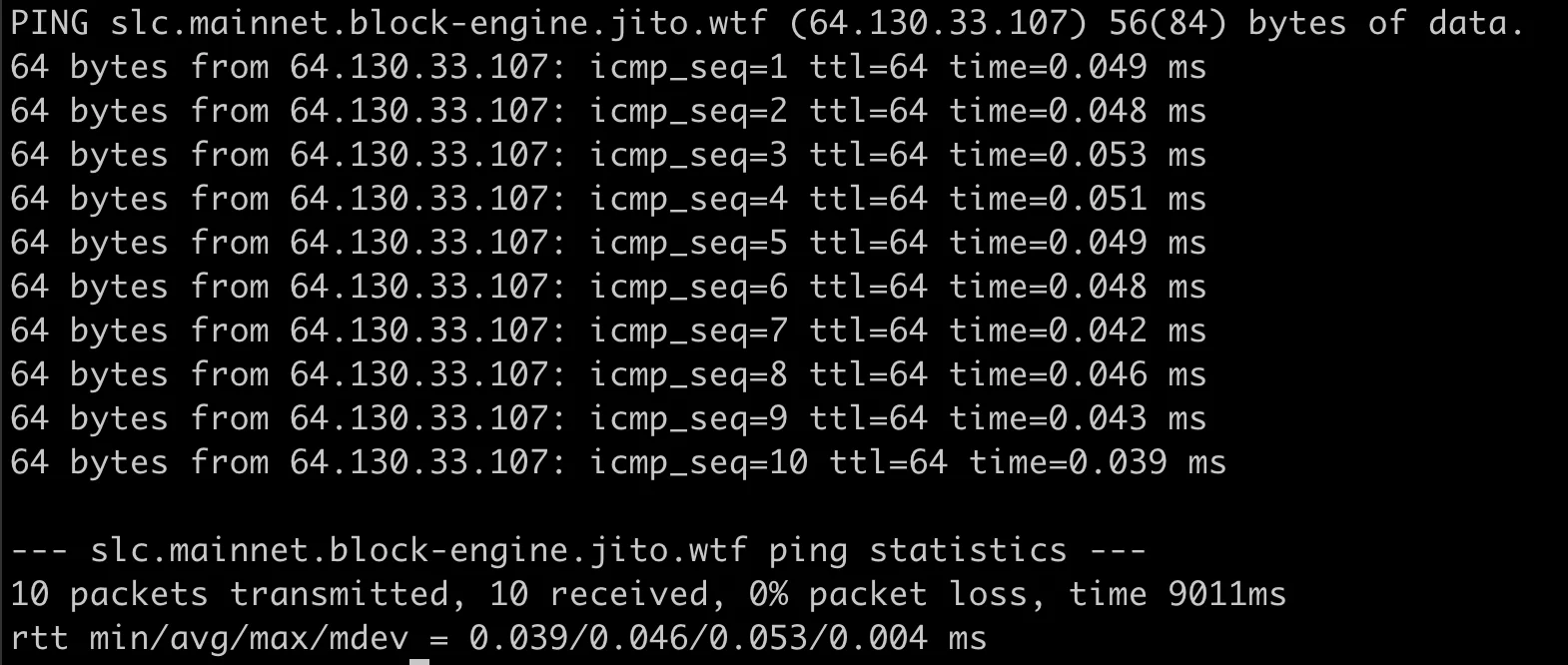 Ping from Arct Cloud Salt Lake City to Jito's SLC block engine, 0.046 ms average round trip time