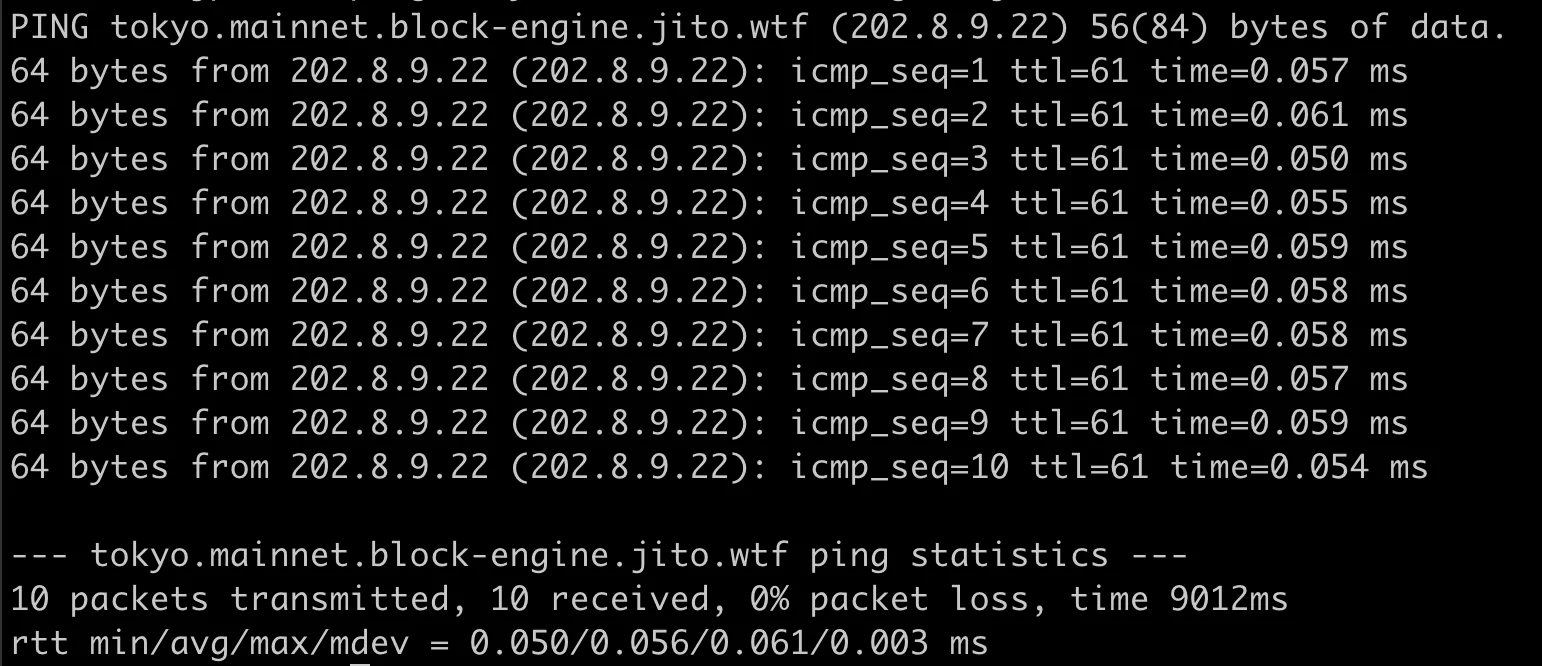 Ping from Arct Cloud Tokyo to Jito's Tokyo block engine, 0.056 ms average round trip time